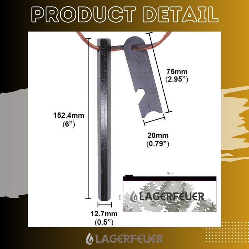 LAGERFEUER Hexa-Shaped Fire Starter, Hexagonal, Ferrocerium, Genuine Leather, Leather Cord,