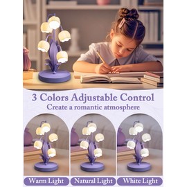 Flower Lamp for Home,Bedside Vintage Table Lamps,5 Lily of The Valley Reading Lights,3 Colors Modes Kawaii Bedside Lamp Decor,with G4 Bulb Nightstand Light for Living Room Office Bedroom (Purple)