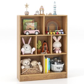 Costzon 7-Cube Bookshelf for Kids, Wooden Toy Storage Organizer w/ 2 Anti-Toppling Kits, 3 Tier Open Shelves & Non-Slip Foot Pads, Montessori Toy Shelf for Kids Rooms, Playroom, Classroom, Nursery