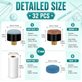 Bettoor Pool Cue Tips Replacement Kit, 24PCS, 12MM, 3 Types