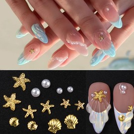 BQZQPAMZ a Bag Starfish Nail Charms About 200Pcs Pearl Nail Rhinestones Gold Shell Nail Gems Bedazzling Gems for Women DIY Summer Nail Art Supplies