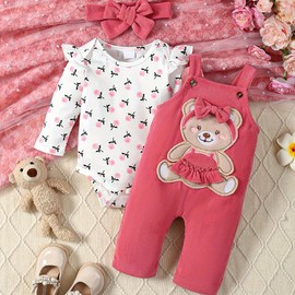 infant Girl fall Outfits 3-6 Months baby winter clothes long Sleeve floral romper rose red bear corduroy Overalls pants