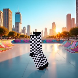 Jizlan 1Pair Black Fashion Harajuku Trends Checkerboard Socks Geometric Checkered Socks Hip Hop Cotton Unisex Print Skateboard Soks Easy to Wear