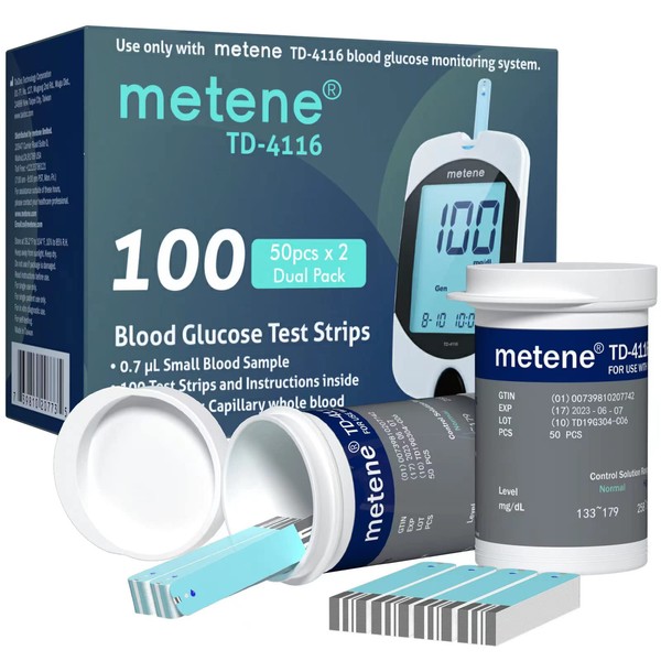 Metene TD-4116 Blood Glucose Test Strips, 100 Count Blood Sugar Test Strips for Diabetes, Use with metene TD-4116 Blood Glucose Monitoring System Only