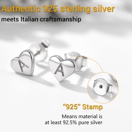 PROSILVER Initial Earrings 925 Sterling Silver Heart Stud Earrings with Letters Minimalist Alphabet Piercing Earrings Ear Jewellery Accessory for Women Girls Daughter Granddaughter, Sterling Silver
