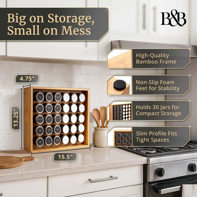 BOURBON & BARREL Wooden Spice Rack Organizer with Glass Jars