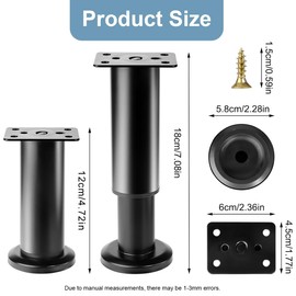 Set of 4 Adjustable Furniture Feet, Height Adjustable 12 cm - 18 cm, Base Feet, Table Legs, Metal Black Furniture Legs for Cabinet, TV Cabinet, Sofa, Bedside Table, Chair, Bathroom Cabinet