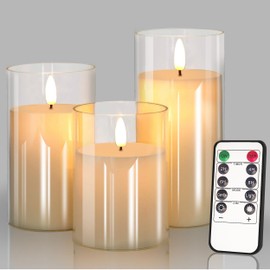 Glass Battery Operated LED Pillar Flameless Candles with10-Key Remote and Timer, Real Wax Candles Warm Color Wick Flickering Light for Festival Wedding bar Cafe Home Party Decor(Pack of 3)-Lvory White