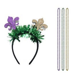 LKQBBSZ Mardi Gras Headband Tiara Glitter Sequins Hairbands, Mardi Gras Fleur de Lis Headband and Necklace for Women, Carnival Purple Hat Crown Hair Hoop Holiday Party Cosplay