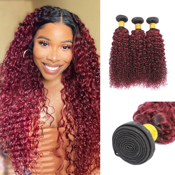 Feelgrace (Fast Delivery) Ombre Burgundy Kinky Curly Human Hair Weave Bundles 3 Pieces Ombre 2 Tone Black to Wine Red Curly Hair Extension Bundles 300 Gram (8 10 12 inches)