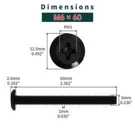M6-1.0 x 60mm Flat Head Machine Screws (20 pcs), 18-8 (304) Stainless Steel, Phillips Drive #3, Black Oxide Coated Furniture Connectors Screws, Fayeploo