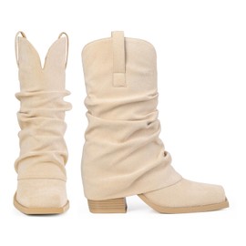 HICLOTSA Cowboy Beige Boots Women Cowgirl Mid Calf Square Toe Fold Over Chunky Heel Slouchy Suede Boots US Size 8.5