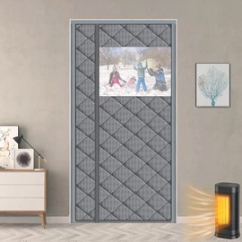 HooTown Magnetic Thermal Insulated Door Curtain Fits Door Size 40" x 82", Sideway Open with Window Durable Waterproof Cloth and Thicken Cotton, Winter Door Cover, Weatherproof, Reduce Noise, Gray