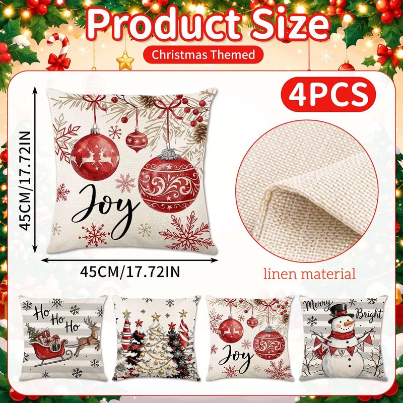 4 Pack Christmas Cushion Covers, Holiday Christmas Decorations For Home