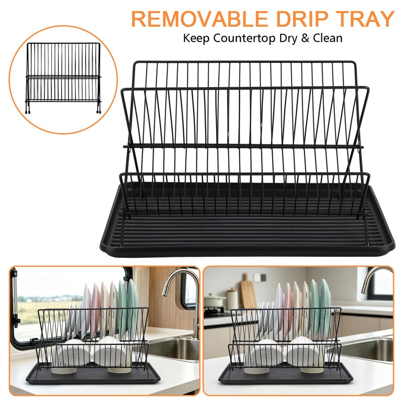 RV Foldable Dish Drying Rack, 2-Tier with Drip Tray, Stainless