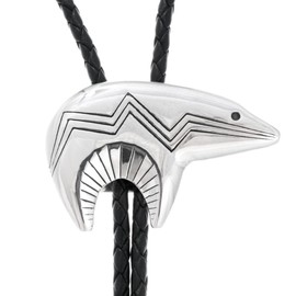 Alltribes Navajo Heartline Bear Silver Bolo Tie Dimensional Sterling Design on Genuine Leather 0017
