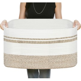 R RUNKA Large Rectangular Cotton Rope Storage Basket - 82L- Ideal for Toy Storage, Blankets, Laundry, Woven Organizer for Living Room, Bedroom - 22"x17"x12"（White & Beige）