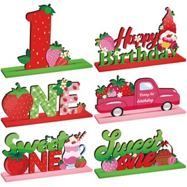 Suzile 6 Pcs Strawberry Sweet One Table Wooden Centerpiece Decorations Strawberry First Birthday Party Table Decor Berry 1st Pink Sign for Baby Girls Summer Fruit Baby Shower First Party Favors