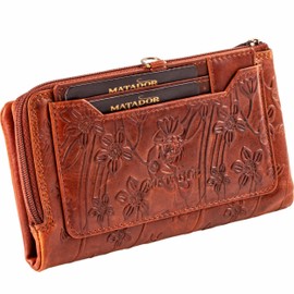 MATADOR Puebla Women's Leather Purse Medium Size with Elegant Gift Packaging Elegant Leather Purse Women's Medium in Portrait Format RFID Purse Women's Leather Purse Medium Size, Brown flowers,