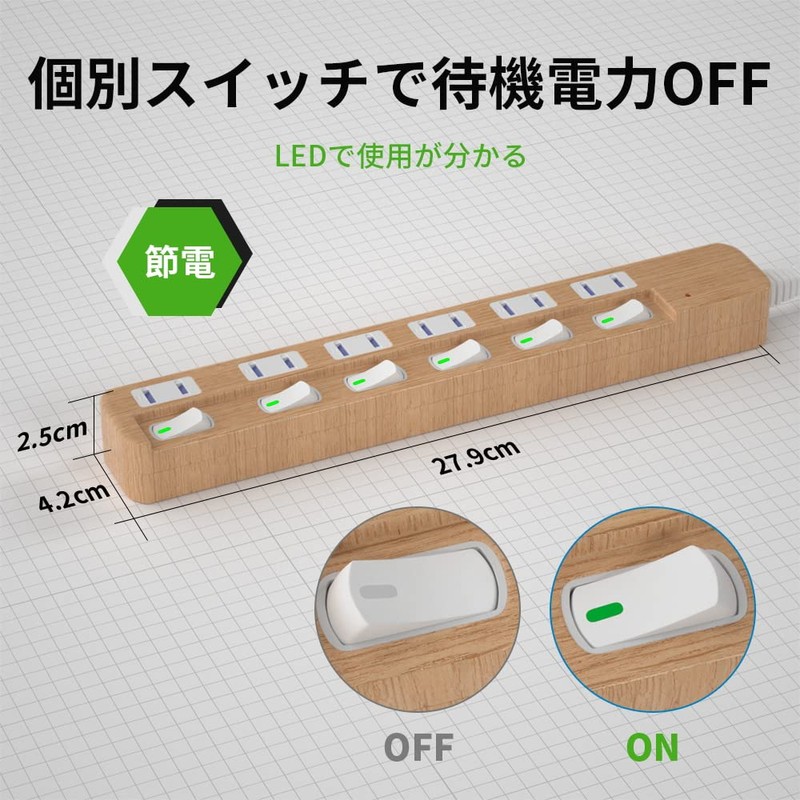 SAYBOUR Wood Grain Power Strip, Lightning Guard, Individual Switch, Power