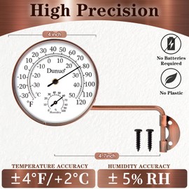 Dunuo Outdoor Thermometer - Weatherproof & Decorative Outside Temperature Gauge for Window, Greenhouse Accessories and Patio (Easy-Read Brass Swivel Design) (4inch with Longer arm)