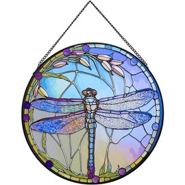 Stained Glass Window Hanging,Large Dragonfly Suncatcher,12 inch Stained Glass Suncatcher,Dragonfly Home Decor for Indoor Window,Hand Glass Panel Sun Catcher,Include Metal Chain