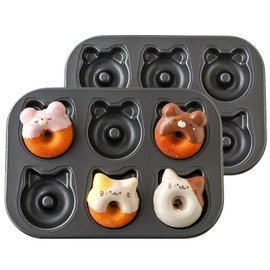 Elesinsoz 2 moldes para donas, molde para donas en forma de gato y oso de acero al carbono de 2 1/2 pulgadas, molde para pasteles, molde para donas antiadherente de 6 tazas para hornear en casa