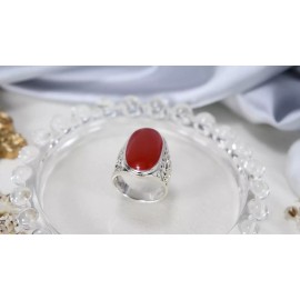 AeraVida Bold Lrg Oval Red Synthetic Coral .925 Silver Intricate Heart Filigree Ring-10
