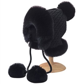 LIXIMMAZN Winter Hat Women Soft Fuzzy Fluffy Knit Pompom Beanie Hats Girls Faux Fur Crochet Skull Cap Warm Bucket Outdoor Ear Cover (Black)