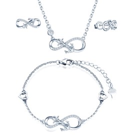 INFINIONLY Jewellery Sets, Women's girl's Necklace Bracelet and Earrings Studs, 925 silver necklace bracelet earrings, Fashion anchor infinity symbol pendant bracelet earrins, Inlaid zircon, silver