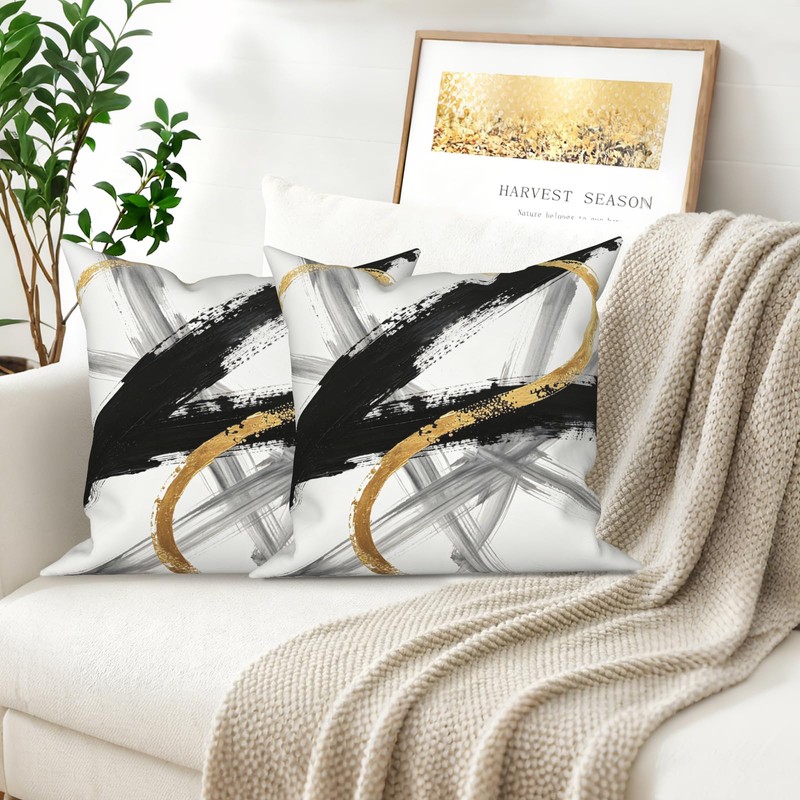 TOENGS Black and Gold Modern Abstract Velvet Pillow Covers 18x18