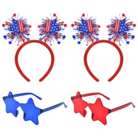 PhyLence 4 Pcs 4th of July Patriotic Accessories Set – 2 Star Headbands and 2 Star-Shaped Sunglasses for Independence Day, Memorial Day, Veterans Day, and USA-Themed Party Costumes