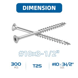 WELLOCKS Deck Screws 304 Stainless Steel #10×3-1/2" 300 PCS with T25 Star Torx Drive Flat Head Wood Screws High Corrosion Resistance for Outdoor Wood Fence(SS10312B)