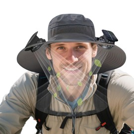 KANCOKIT Solar Fan Hat with Dual Fans, 3-Speed Adjustable Wide Brim Sun Hat for Men & Women, Solar & USB Charging Cooling for Hiking, Fishing, Camping, Gardening, Outdoor Activities-Dark Gray