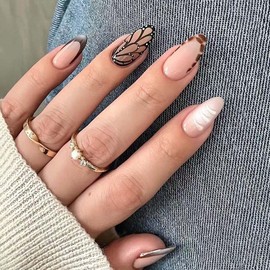 Press on Nails Short Almond LINMEIZAI Fake Nails Press ons Nail Tips Glue on Nails Full Cover Acrylic Nail Kit False Nails Stickers 3D Nail Art with Glitter Butterfly Design for Women Manicure 24Pcs