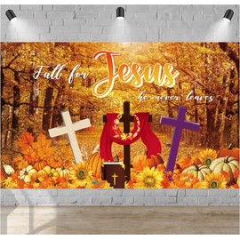Fall Decor Religious Fall Banner Decorations: Fall for Jesus He Never Leaves Banner Backdrop - Christian Crosses Autumn Decor Fall Backdrop for Photography Church Harvest Party Decor Supplies