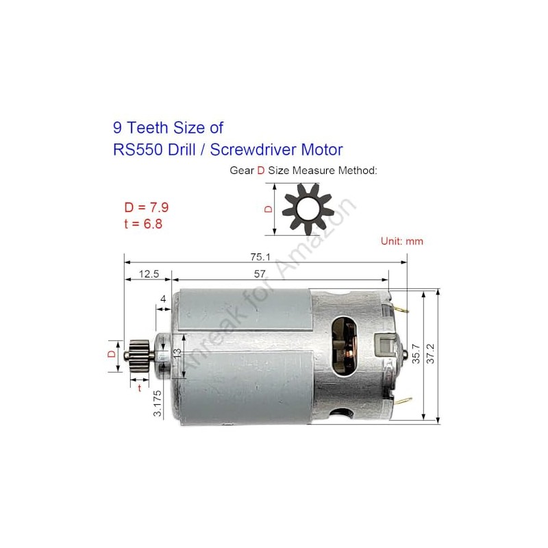 RS550 12V 9 Teeth (Φ7.9mm) Cordless Drill Motor, 9.6-25V 9-15