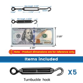 Muzata 5 Pack M4 Black Turnbuckle Hook and Eye Turnbuckles for Cable Wire Stainless Steel Cable Tensioner Heavy Duty Wire Rope Kit for String Light Picture DIY Hanging Tension CN09