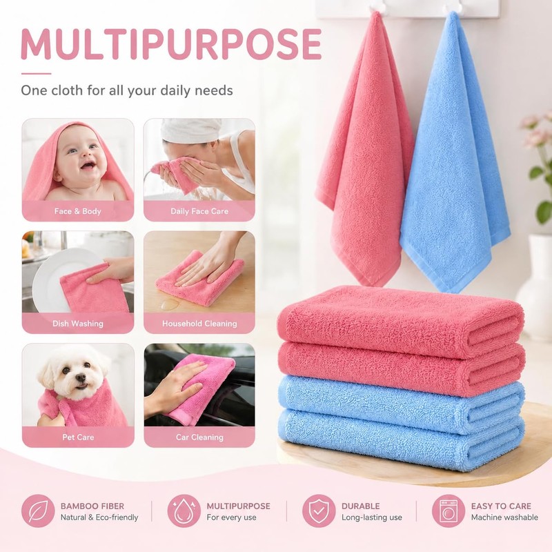 4 Pack Bamboo Face Cloths, Soft Reusable Flannel Face Towels