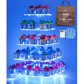 Jusalpha 5 Tier Square Cupcake Stand with Light- Premium Cupcake Holder - Serving Tray-Acrylic Cupcake Tower - Ideal for Weddings Birthday Parties, Candy Bar Decor (Blue，Power Charge:Battery)…