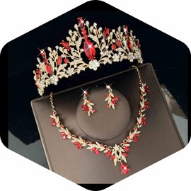 Aimilcall Tiaras Crowns for Women,Necklace Earrings Crystal Bridal Jewelry Set For Wedding, Birthday, Quinceañera for Prom Party Cosplay (Gold Red)