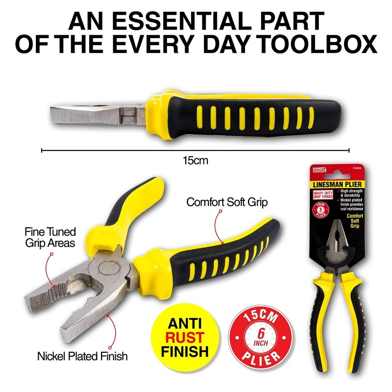 Handy Hardware Premium Linesman Comfort Grip Handle Plier, Black/Yellow, 150
