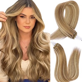 KiiKiiGirl Microlink Hair Extensions Human Hair,18 Inch #A7/60A Espresso Brown to Golden Honey Blonde Micro Loop Microbead Micro Link Hair Extensions Human Hair Invisible Straight 30g/38s