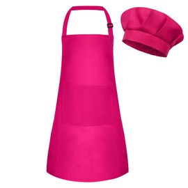 BOUBONI Kids Apron and Chef Hat Set Adjustable Cooking Art Apron with 2 Pockets Toddler Chef Hat and Apron for Cooking Baking and Painting, K-Rose Red