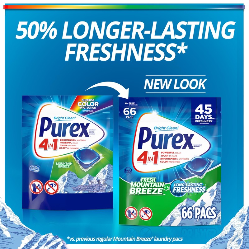 Purex 4-in-1 Laundry Detergent Pacs, Mountain Breeze, 66 Count, Brightening