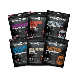 SAVAGE Bacon Jerky and Beef Jerky Variety - Salt & Pepper Patriot, Teriyaki, BBQ Bandit, Original, Bourbon Glaze, Sgt. Pepper (Pack of 6) - Gluten Free, High Protein, Low Calorie