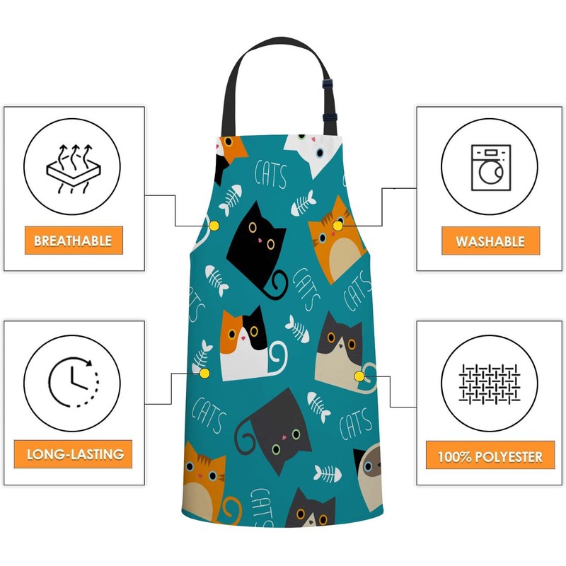 Smooffly Cute Cats with Fish Bone Apron,Adjustable Neck Bib Apron