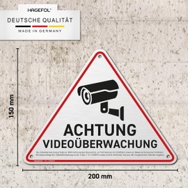 HAGEFOL® Video Surveillance Sign (20 x 15 cm - Small) with DSGVO Notice, Includes Drill Holes, for Private Property Surveillance Camera or Dummy Camera Outside (Brushed Aluminium Silver)