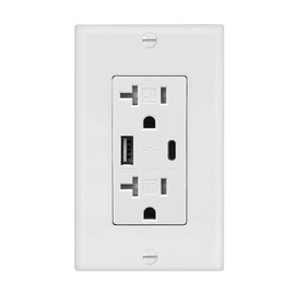 Maxxima USB Wall Outlet Receptacle - High Speed Charging for Smart Devices, 4.8A USB Type-C/A, 2 Standard Outlets, 1 USB C 1 USB A Charging Ports, 20A Tamper-Resistant, White Wall Plate Included