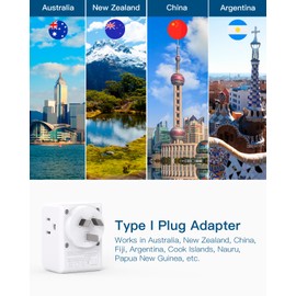 2 Pack Australia New Zealand Power Plug Adapter, Australia Travel Adapter with 3 American Outlets 3 USB Charging Ports (1 USB C), Type I Plug Adapter for US to Australia, Argentina, China